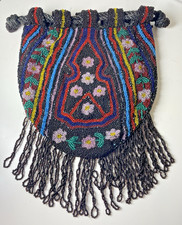 Antique Art Deco/Nouveau Glass Beaded Silk Flowers Tassels Purse Reticule Estate