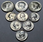 (9) AU/BU 1964 Kennedy Half & 1961, '63, '64P / D Washington Quarters 90% (X36)