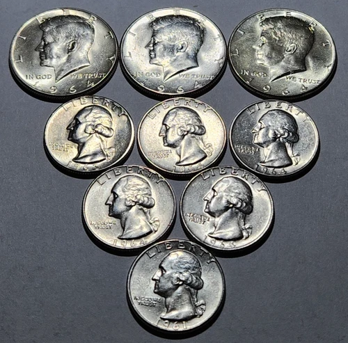(9) AU/BU 1964 Kennedy Half & 1961, '63, '64P / D Washington Quarters 90% (X36)