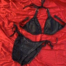 Vintage Y2K / 90s Bebe Black Sheen Reptile Print Rhinestone Embellished Bikini 