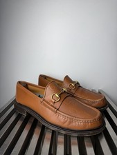 GUCCI Big Logo GG Gold Horsebit Brown Leather Loafers Size 8