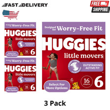  3 Pack Huggies Little Movers Baby Diapers, Size 6 35 lbs , 16 Count