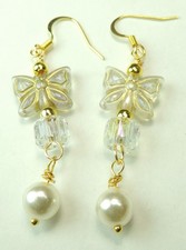 Clear  Gold Etched Butterfly Dangle/Drop Earrings Faux Pearls Handmade