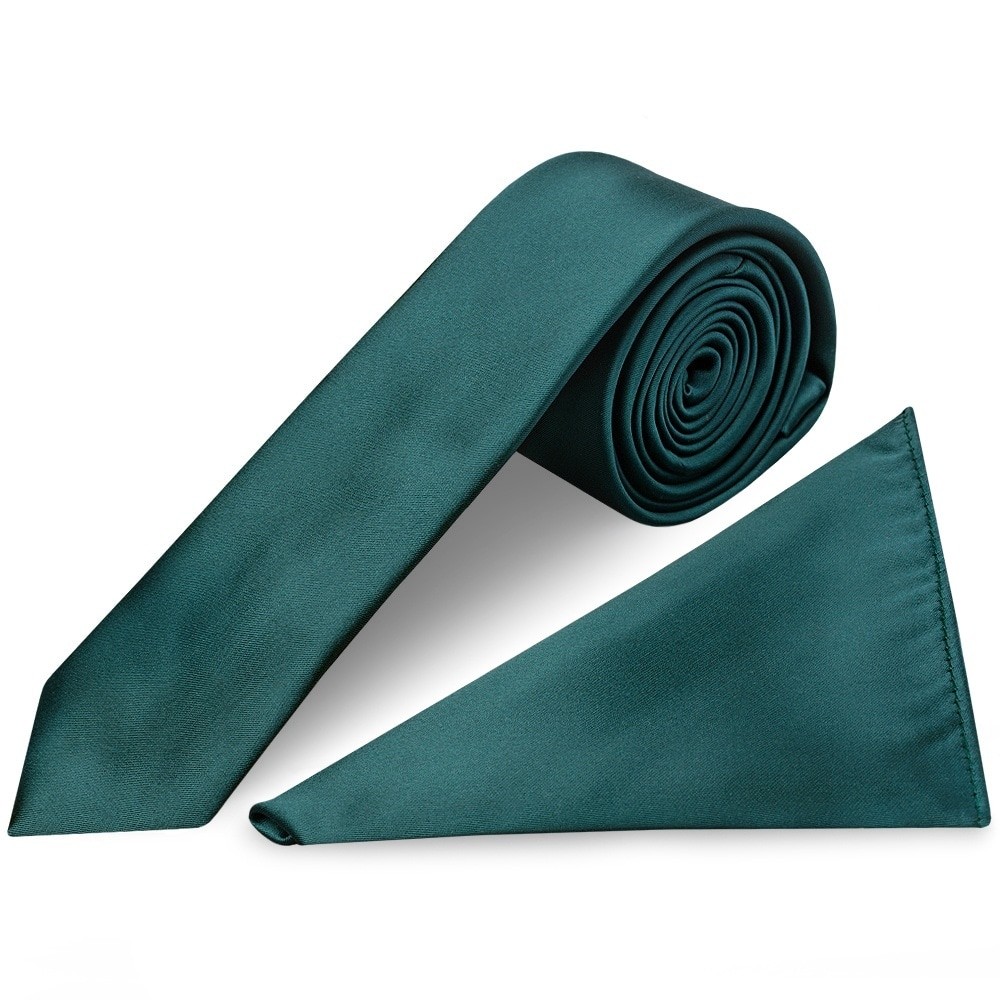 Plain Dark Teal Skinny Boys Tie Pocket Square Set Wedding Prom Slim Tie Hanky