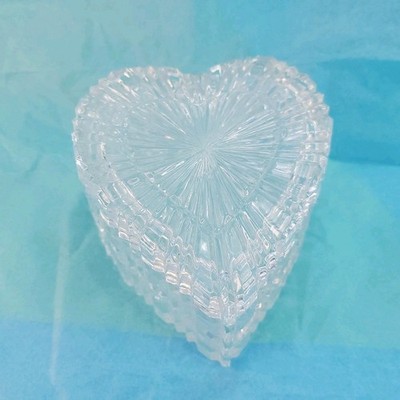 Cut Glass Heart Shaped Trinket Med Box 5''x3'' Starburst Pattern Crystal With Lid