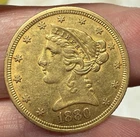 1880 Liberty Head Gold $5 Half Eagle, Old US Gold Coin, AU