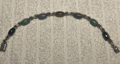 Vintage Mexico 925 Sterling Silver 7 Station Multi-Stone Link Bracelet 19.2g 7''