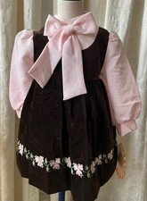 Vintage Toddler Girls Brown Velvet Embroidered Jumper Dress with Blouse Size 4