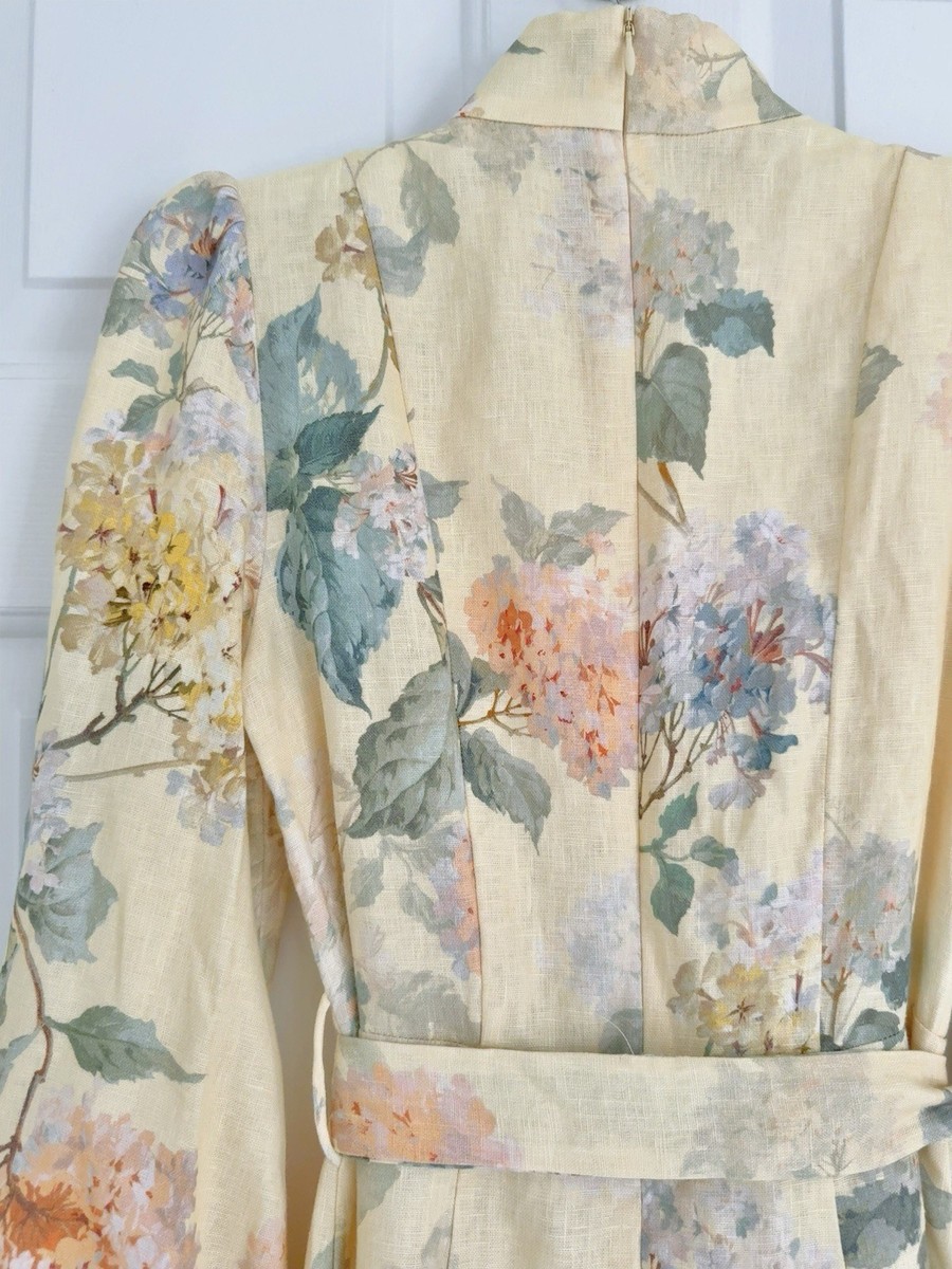 NWOT $1,150 Zimmermann Illuminate Peplum Linen Midi Dress Lemon Hydrangea  AU0 XS | eBay