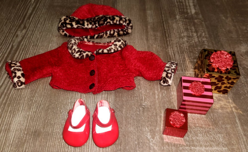 American Girl Bitty Baby Chocolate Cherry Outfit Sweater Hat Shoes Stackable Box