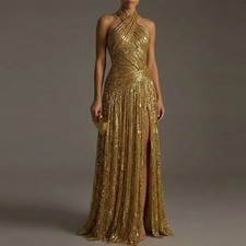 Deep Gold Sequins A-Line Evening Dresses Halter Light Gold Sequined Prom Gowns