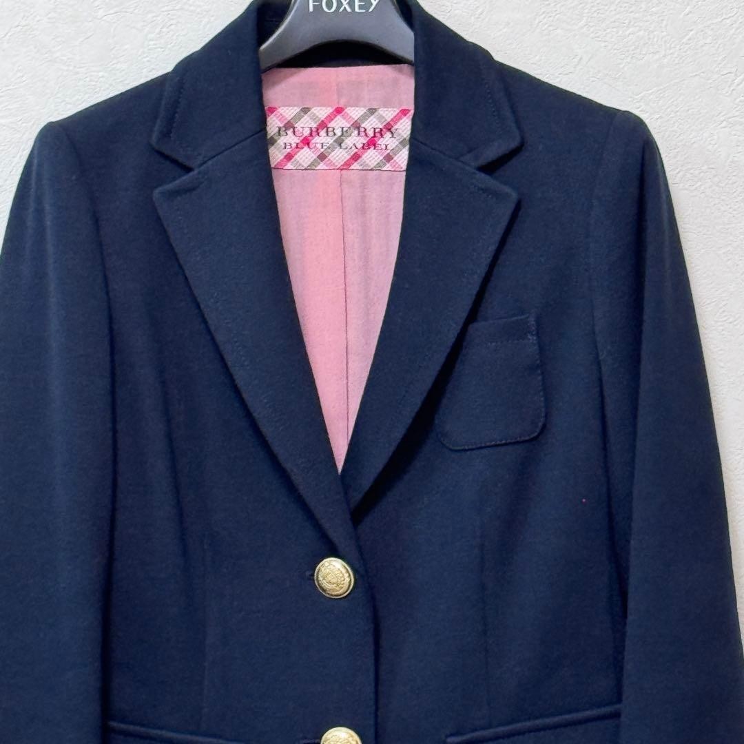 Burberry Blue Label Gold Button Tailored Jacket Blouson Women Pink Plaid Navy 38 thumbnail 4