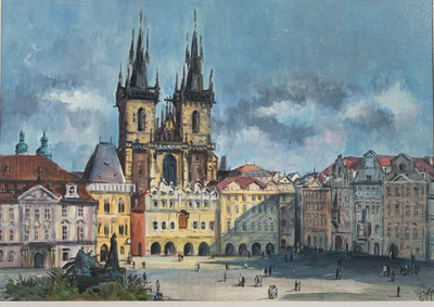 ATEMBERAUBENDES ÖLGEMÄLDE PRAG TYN KIRCHE PLATZ TSCHECHISCHE KÜNSTLERIN NADA EISNEROVA
