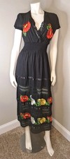 Black Long Mexican Dress Embroidered Colorful Flowers Size S Lace Trim Mexico