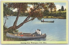 Vintage Linen Postcard Greetings from Washington C.H. Ohio Canoe Scene