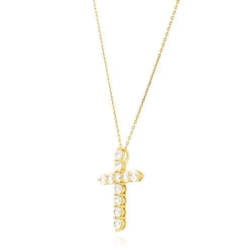 14K Yellow White Gold Over Silver CZ Cross Pendant Necklace 18" - Picture 7 of 23