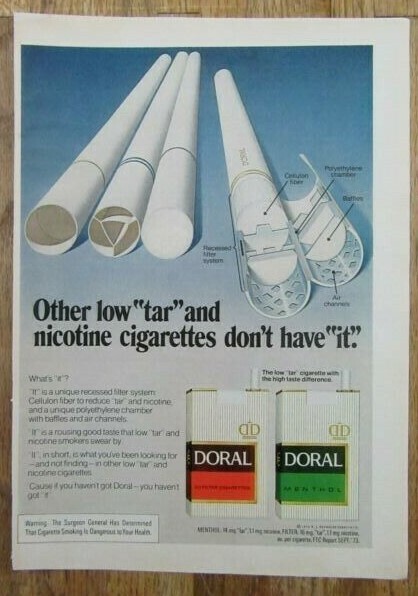 1974 DORAL Menthol Low Tar Cigarettes Filter System Magazine Print Ad