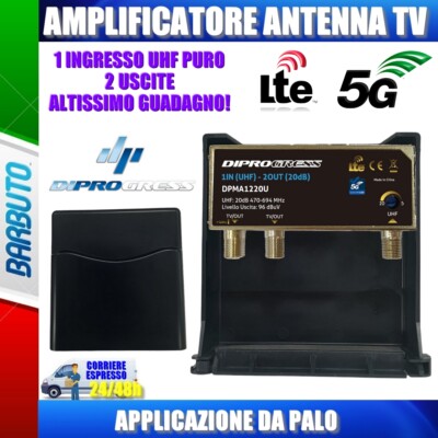 Amplificatore Da Palo Antenna TV Offel 2 Ingressi LOG/UHF - 1 Uscita 20dB Regolabile LTE 5G