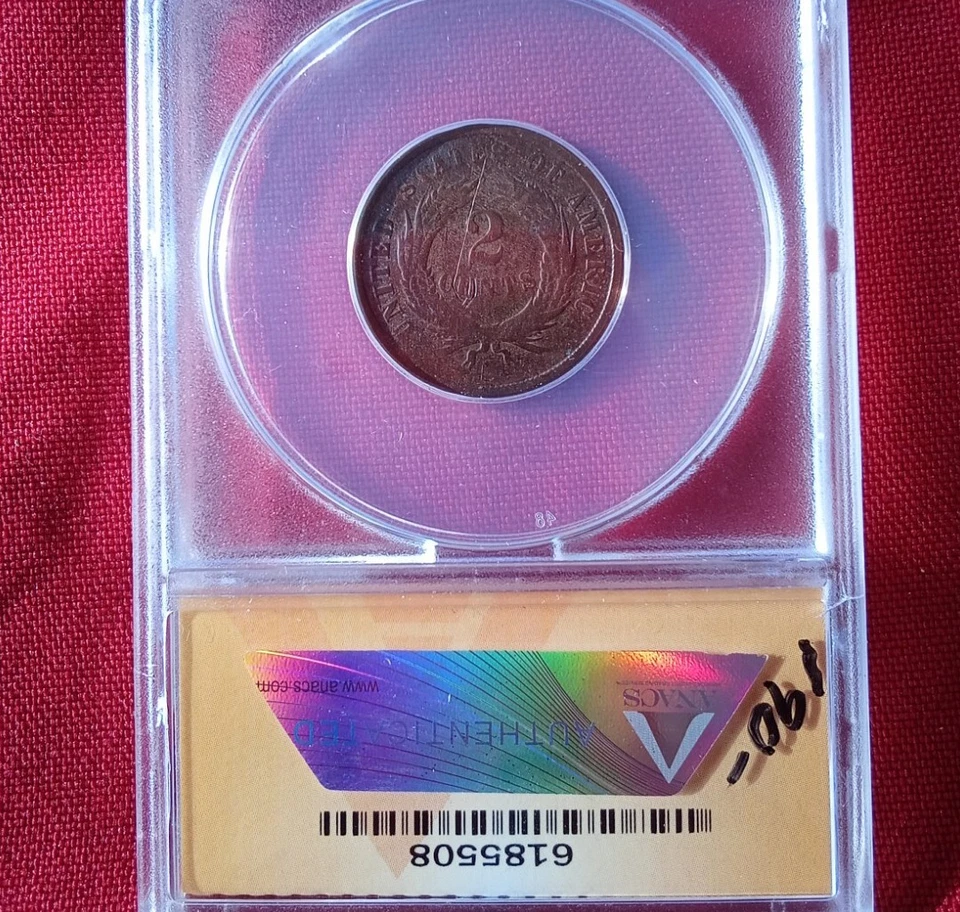 1871 P  2 cent U.S. Copper Coin ANACS Graded VG 8 . - Image 4 of 4