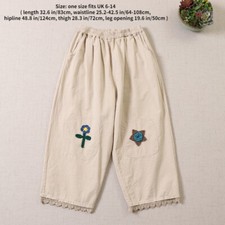Lady Girls Cotton Pants Floral Embroidery Loose Fit Elastic Waist Sweet Casual