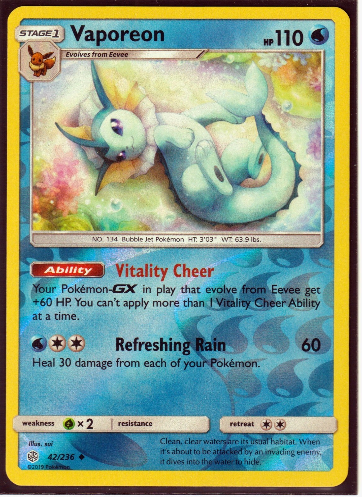 2019 VAPOREON 42/236 COSMIC ECLIPSE Pokemon  -REVERSE HOLO -NM/MINT