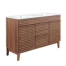 48" Mid-Century Double Sink Bathroom Vanity Walnut Grain Tapered Legs White Sink