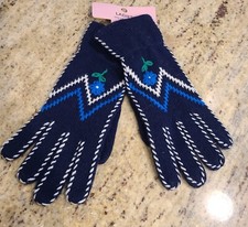 New Vintage One Size Stretch Blue Knit 8.5" Gloves Flower Zig Zag Shanghai