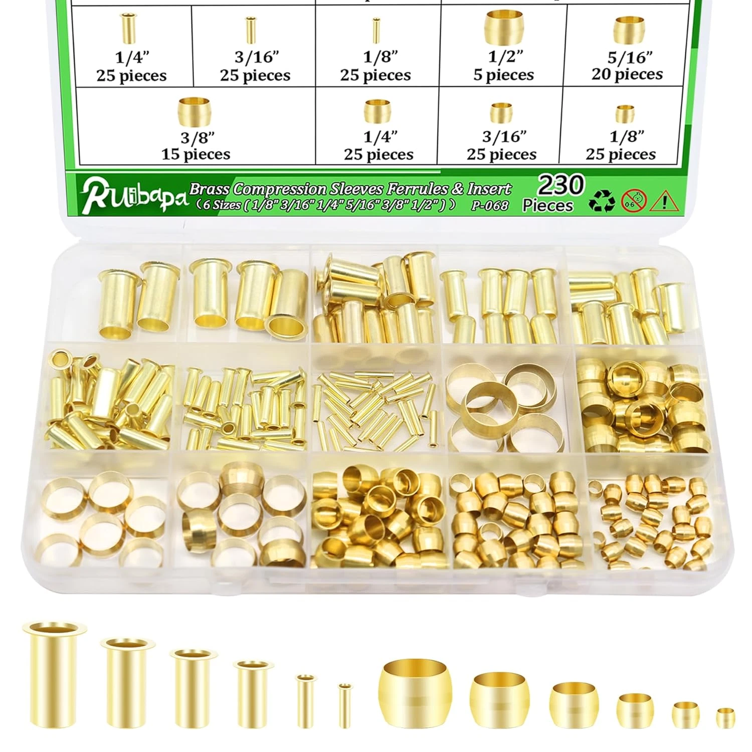 230PCS Brass Compression Sleeves Ferrules & Insert 1/2" 3/8" 5/16" 1/4" 3/16" 1/ - Picture 1 of 12