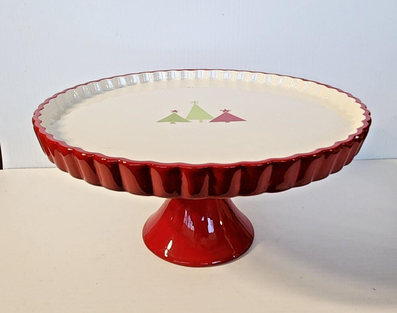 Pier 1 Ceramic Christmas Trees Pedestal Cake Pie Stand 11
