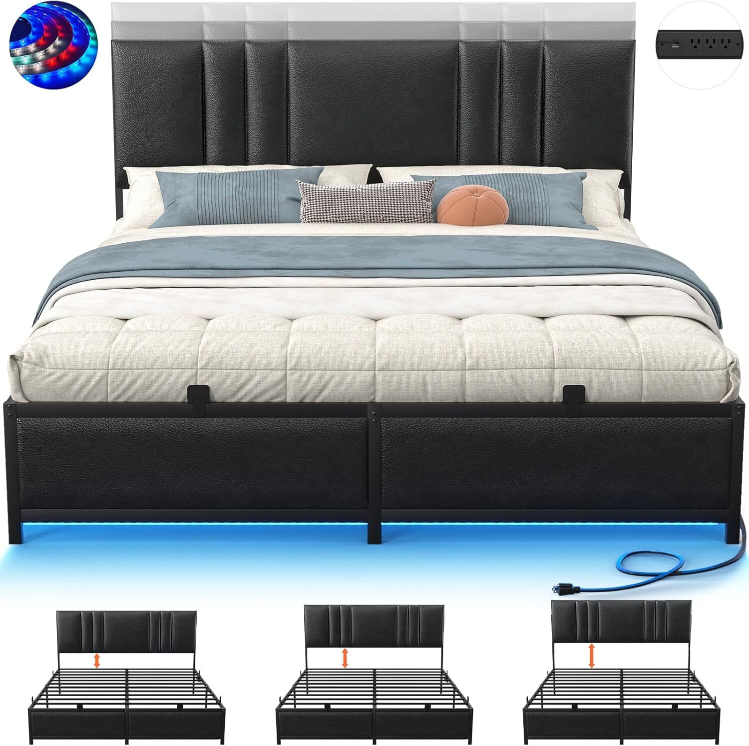 Bed Frame with Upholstered Leather Headboard ＆ LED ＆ Outlets,3 Height Adjustable-image