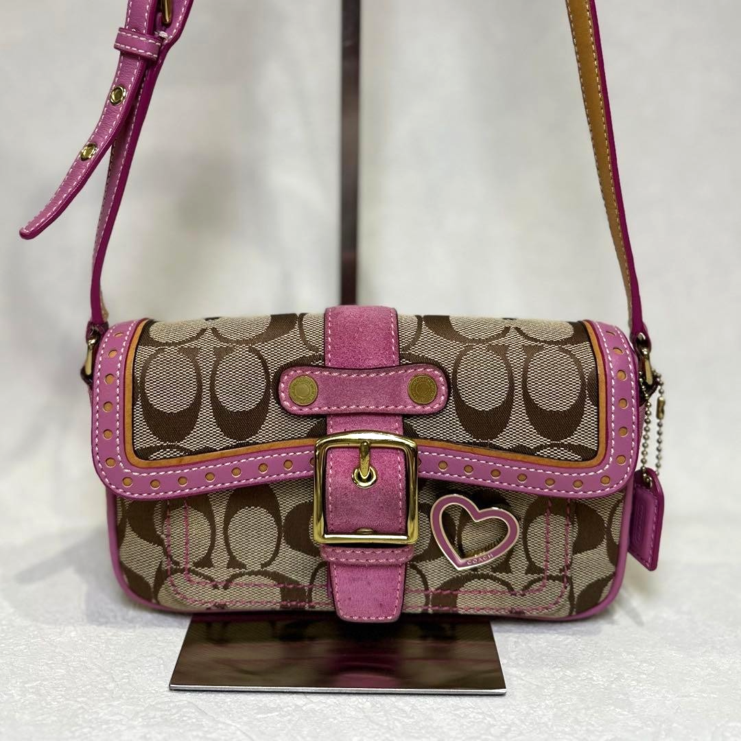 COACH Signature Soho Mini Shoulder Bag Heart Pink Canvas Suede