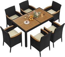 7 Piece Patio Furniture Set, Outdoor Dining Acacia Wood Table Top Rattan Convers