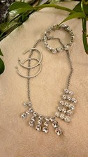 Silver Tone Clear Crystal like Necklace Bracelet Earrings Fashion Jewelry Set
