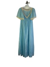 VTG 60s Sheer Nylon Lace Trim Full Sweep Slip Gown Negligee Blue USA One Size