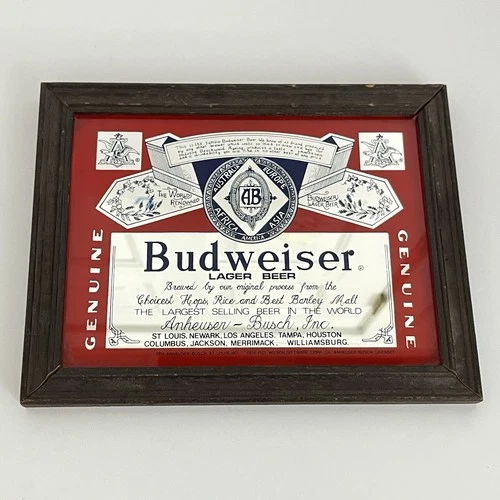 Vintage (1972-1976) Budweiser King of Beers Wooden Framed Mirror | 9" x 7"