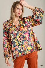 Image of Umgee Full Size Satin Paisley Ruffle Neck Button-Up Shirt Plus Size