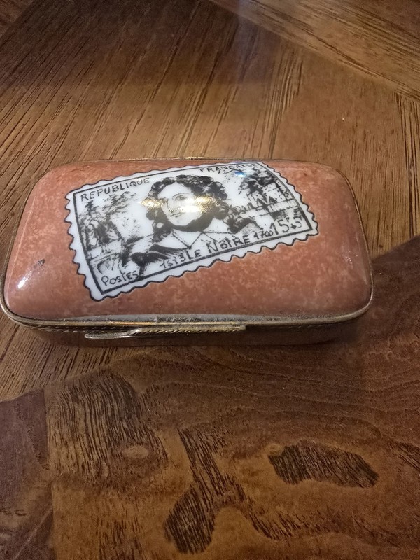 Limoges France Porcelain Hinged Pill Trinket Box, Divided Interior, Stamp Lid