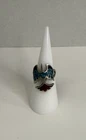 Vintage Turquoise Coral Inlay Sterling Silver  Native American Thunderbird Ring