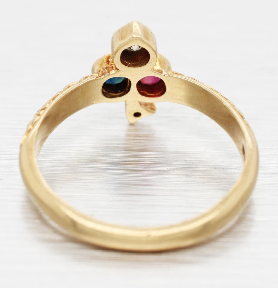 Antique Art Deco Diamond Ruby & Sapphire Club Clover Ring - 14k Yellow Gold Band - Image 4 of 4