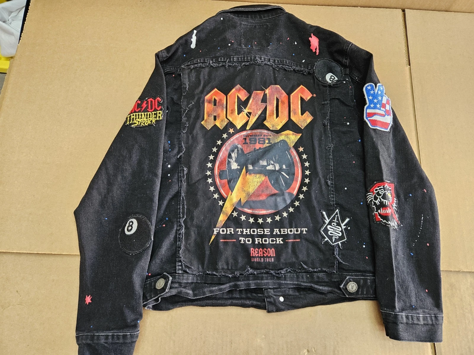 AC/DC x Reason 1981 World Tour Black Distressed Denim Graphic Jacket MEDIUM  image 1