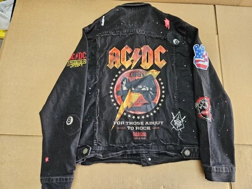 AC/DC x Reason 1981 World Tour Black Distressed Denim Graphic Jacket MEDIUM  - product listing photo
