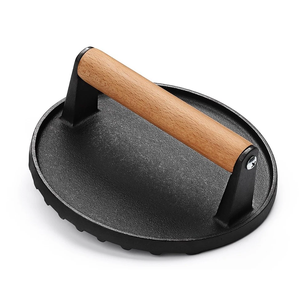 Burger Press 7Inch Round Cast Iron Smash Bacon Press Meat Steak with Wood8433
