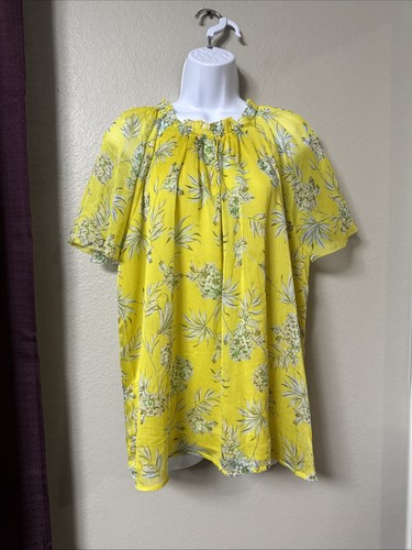 Ann Taylor, #877 Ann Taylor Yellow Floral Sheer Lined Top Size Large
