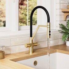 Nuie Ravi Mono Dual Lever Brushed Brass Kitchen Tap & Rinser Round Modern
