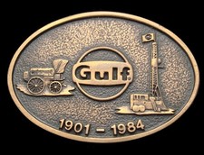 QH28158 VINTAGE 1984  GULF  1901-1984 OIL  GAS SOLID BRASS OILFIELD BUCKLE