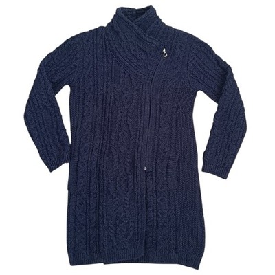 Original Aran Co 100% Merinowolle Zopfmuster Strickjacke Mantel Blau Größe M