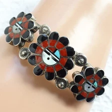 Vintage Andrew Laahty Zuni Sunface Inlay Cuff Bracelet Turquoise Coral Hallmark