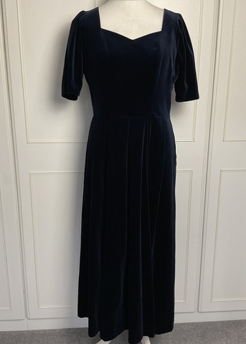 Laura Ashley, Vintage 1980s Laura Ashley Velvet Dress UK 18 Fit 14 Midnight Blue Puff Sleeve