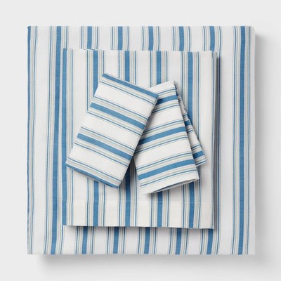 Full Cotton Blend Sateen Sheet Set Blue/Green Textured Stripe - Room Essentials