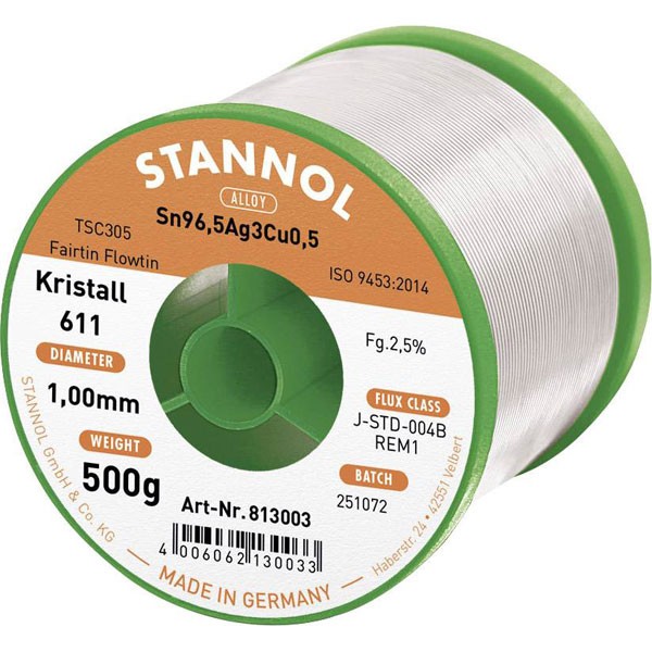Stannol Kristall 611 Lead-Free Solder Sn96.5Ag3Cu0.5 1mm 500g
